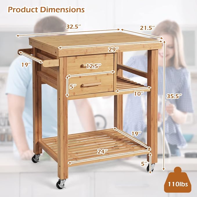 Kitchen Island, Rolling Butcher Block Kitchen Cart on Wheels, Bamboo Kitchen Trolley with Drawers, Shelves, Towel Rack, Small Kitchen Island Cart for Dining Room