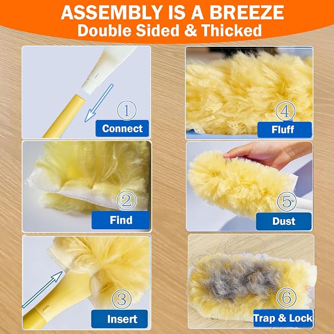 60 Heavy Duty Duster Refills for Swiffer Duster, Large, Yellow | 2 Side Extra Thick, 3 ft Handle & 1 Short Handle, Multisurface 360 Dusters kit for Dusting Furniture, Fans, Blinds, Corners