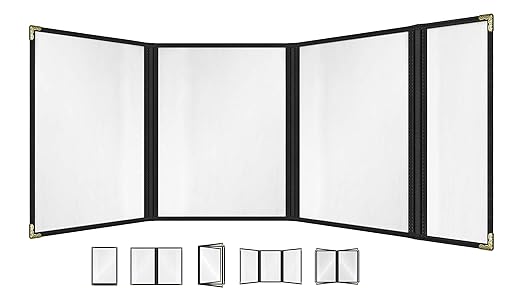 Goodsmart Restaurant Menu Covers – 25 Pack Black Quadfold 8-View, Side-Loading Menu Holders, Vinyl & Plastic Café Menu Covers, Clear Menu Sleeves, Fits 8.5" x 11" & 4.25" x 11", Gold Corners