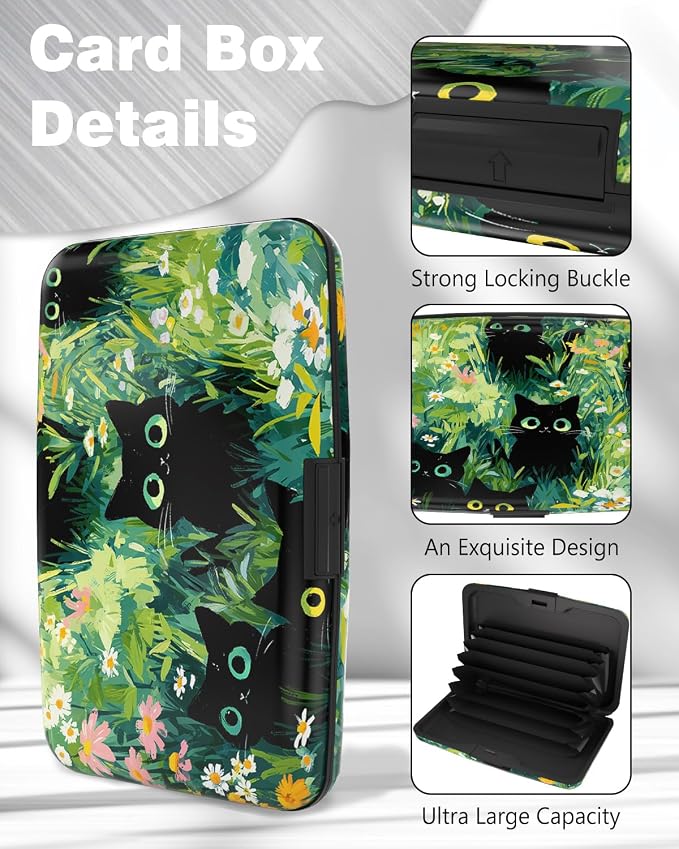 Maicican Credit Card Holder, Mini RFID Blocking Aluminum Wallet | Slim Metal Hard Case Travel Wallet ID Case for Women and Men, 4.3 x 2.9 Inches, Grassland and Cats