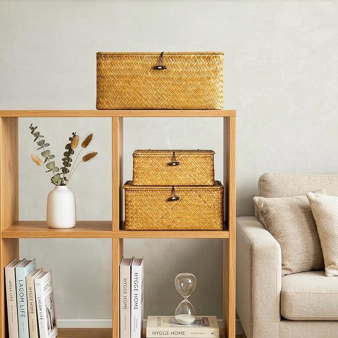 Yesland Small Shelf Baskets with Lid Set of 3, Compact Handwoven Seagrass Storage Bins Rectangular Wicker Basket for Shelf Organizer, Closet, Desktop