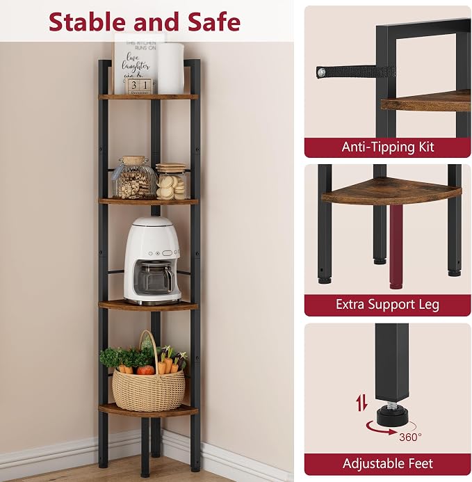 Tajsoon Tall Corner Book Shelf 4 Tier 48" Multipurpose Corner Standing Shelf with Metal Frame, Bedroom, Living Room, Office, Kitchen, Rustic Brown
