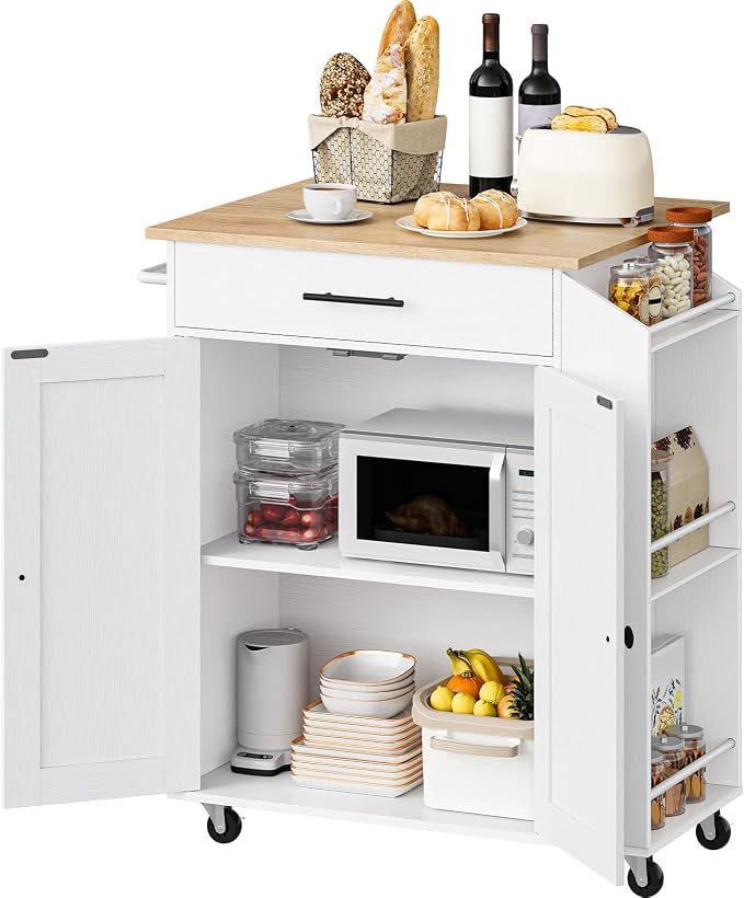 HOOBRO Kitchen Island with Drop Leaf, Rolling Kitchen Island Cart on Wheels | Kitchen Island on Wheels with Drawer & Spice Rack, Island Table with Adjustable Shelves, Kitchen Storage Cart wtih Towel Rack