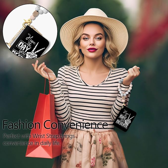 Blusabaca RFID Credit Card Holder Small Women Travel Wallet, Skull Sign | Removable Keychain, Case with Zipper, Vegan PU Leather, Cash Coin Pocket, Business Accordion Purse, Ladies Female Gift