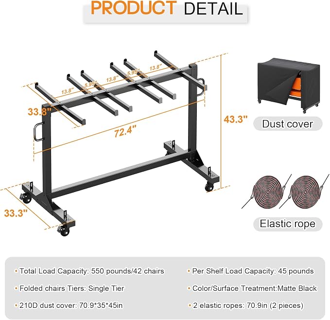 Specraft Folding Chair Rack and Table Cart for 12 Tables or 42 Chairs, 550 lbs Capacity, PU Wheels, Dust Cover, Elastic Cords, Black