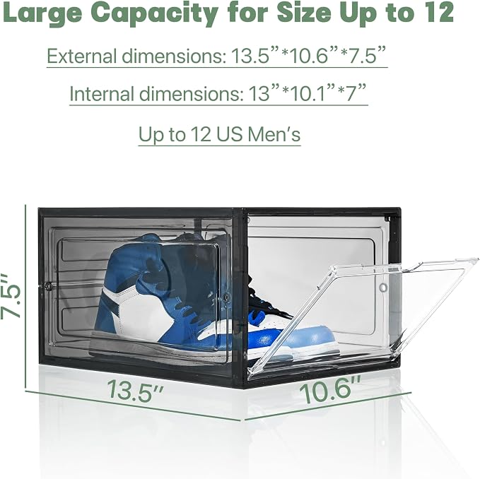 ZLLZUU Stackable Shoe Storage Boxes 9 Pack X-Large Black Sneaker Organizer | Fits up to Men's Size 12 High-top Sneakers, Clear Visible Magnetic Door, Quick Aceess, Durable and Sturdy, Easy to Assemble