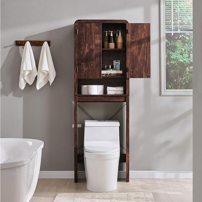 Over the Toilet Storage Cabinet, 69.69" Curved Bathroom Storage Organizer Cabinet with Doors and Adjustable Shelves, Wooden Free Standing Toilet Space Saver Rack, Brown