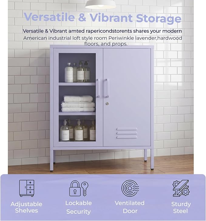 33" Tall Lockable Metal Storage Cabinet with Adjustable Shelves,2 Door Home Freestanding Locker Metal Pantry Cabinet for Living Room,Office,Dining Room,Purple Size: 33" H x 29.5" W x 13.8" D