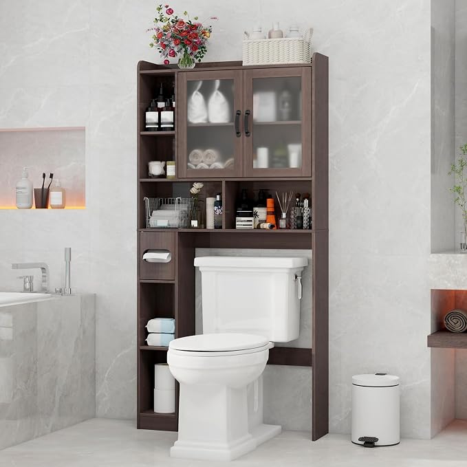 Vabches Over The Toilet Storage Cabinet, Farmhouse Storage Cabinet Over Toilet with Acrylic Doors，Home Space-Saving Toilet Rack, for Bathroom, Restroom, Laundry, Espresso