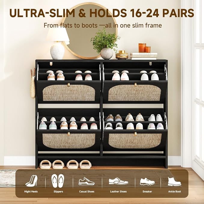 Nicetree Rattan Shoe Cabinet for Entryway, 9.5" Ultra-Thin Narrow Shoe Rack with 4 Flip Drawers, Boho Slim Shoe Storage Organizer with Adjustable Shelves, Anti-Tip Safety, Fits Size 13 Men's Boots