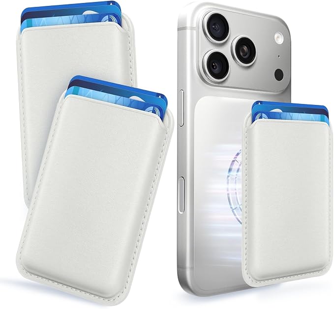 2Pack Magnetic Wallet Cell Phone Card Holder for Phone Case with Mag-Safe, Stronger Magnetic RFID Leather Phone Wallet Stick on Series of iPhone 17/16/15/14/13/12 and Pro/Promax,2-Pack White