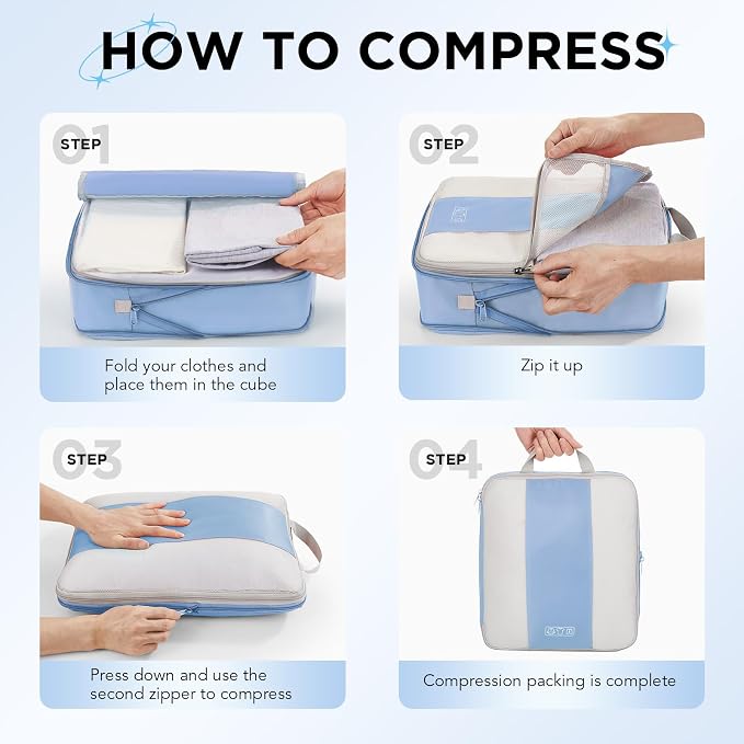 OlarHike 10 Set Compression Packing Cubes for Travel Essentials,Compressible Expandable Space Saver Bags for Organizing Clothes,Luggage Suitcase Garment Bags with Over 1000 pcs Mesh Holes(Light Blue)