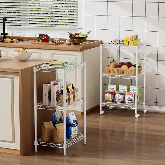 Golpart Small Shelves Storage Wire Metal Adjustable Shelf Unit with Wheels | 3 tier Shelving Organizers Storage Shelving for Bathroom Laundry Room Kitchen Pantry 11.7”D x 17.7”W x 30.7”H White