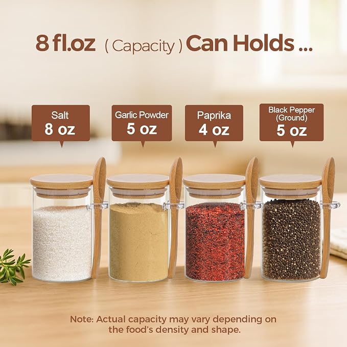 ComSaf Glass Spice Jars with Spoons 8 oz 12 Pack Round with Labels | Labels, Empty Containers, Seasoning Herbs Powder, Salt Pepper Chili, Spice Rack Organization, Loose Tea Storage
