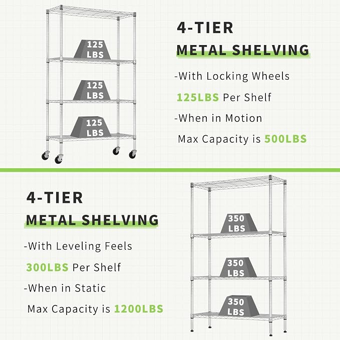 4 Tier Shelving Unit 62" H Adjustable Metal Shelves w/Wheels Heavy Duty Storage Shelf 1400Lb Capacity Garage Shelving Storage Wire Shelving for Kitchen, 36" L x 14" D x 62" H, Chrome