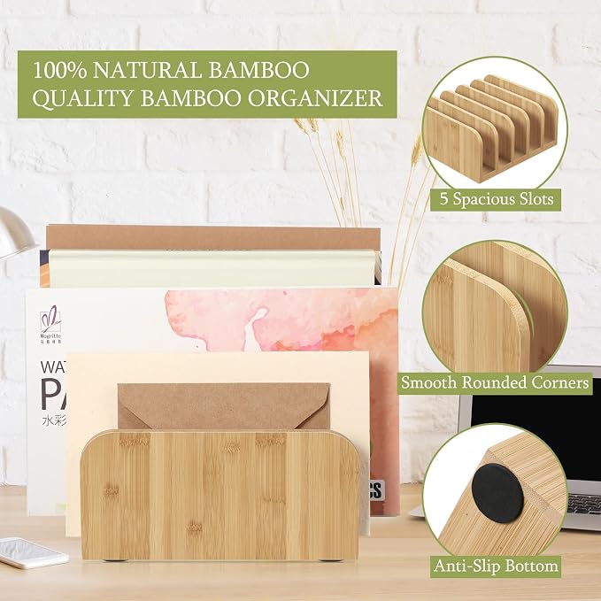 Lineshading Bamboo Letter Organizer, 5 Compartments Desk Mail Organizer, Desktop Envelope Holder and Letter Sorter, Countertop Paper File Holders with Anti Slip Mat for Home Office(Wood Color)