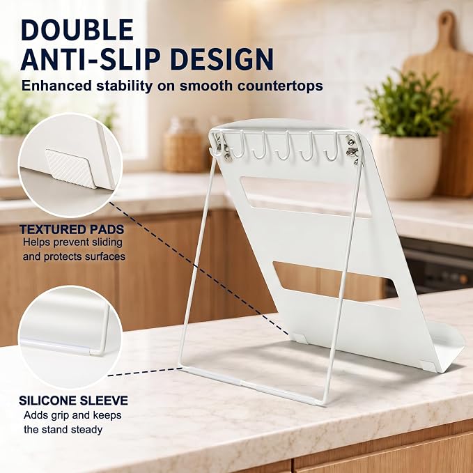 Cookbook Stand for Kitchen Counter,Metal Recipe Book Holder with Hooks,Foldable Reading Rack for Textbooks,Tablets and Magazines,Space Saving Carbon Steel Stand with Non Slip Pads,White