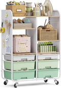 6-Drawer Rolling Storage Cabinet with Wooden Top & Pegboards，Utility Craft Cart with 2 Adjustable Shelves and Lockable Wheels,Mobile Organizer for School Dorm,Classroom,Artroom,Craftroom (Green)