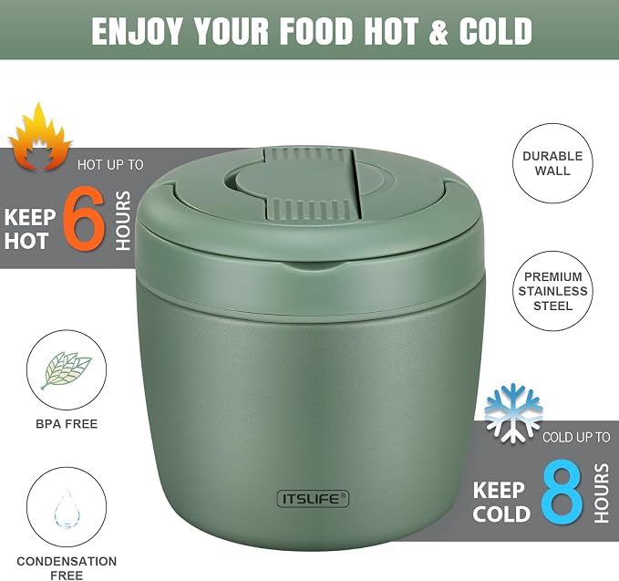 Itslife 32oz Insulated Soup Thermo, Vacuum Stainless Steel Food Jar for Hot & Cold Food, Leakproof Wide Mouth Lunch Container with Spoon, Green