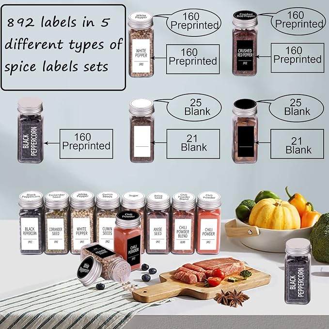 SWOMMOLY 892 Spice Jar Labels in 5 Types of Spice Labels with Chalk Marker | 800 Printed Spice Labels with 92 Extra Write-on Labels Stickers for DIY, Waterproof & Tear-Resistant