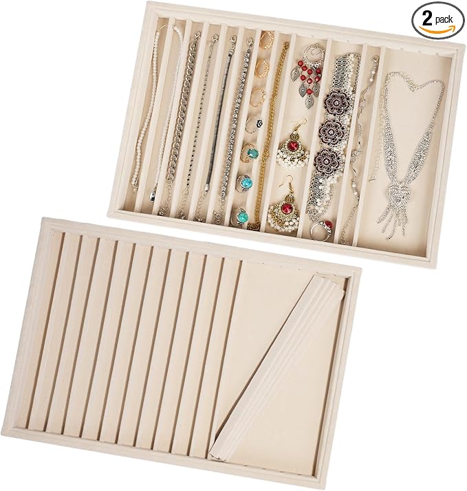 2 Sets Large Jewelry Trays with Drawer Insert Velvet Jewelry Organizer Tray for Women, Jewelry Display Trays with 16 Grids