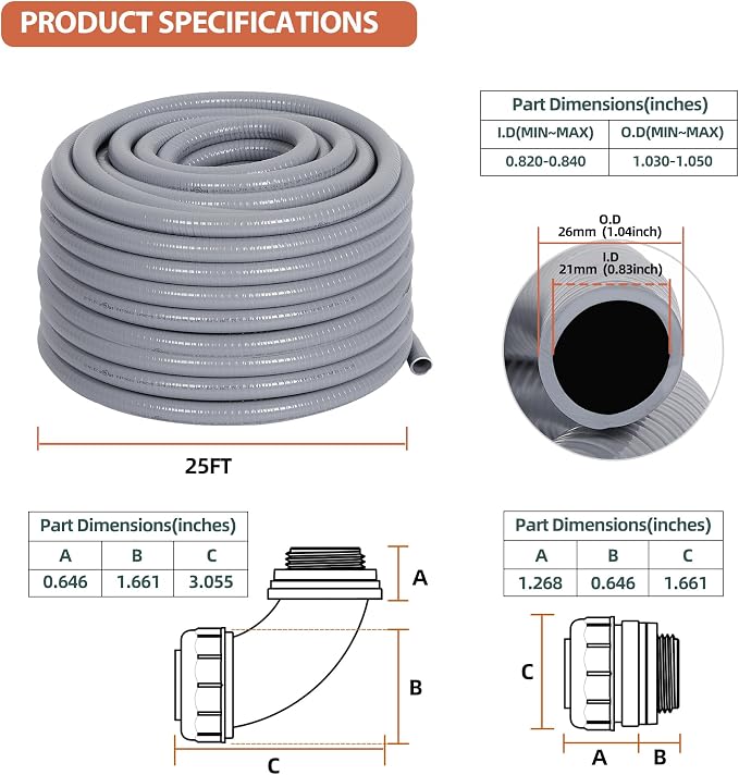 3/4 inch Flexible Liquid-Tight Conduit Kit 25ft, UL Listed | Non-Metallic Electrical Conduit w/5 Straight and 5 Angle Conduit Connector Fittings, Suitable for HVAC Pumps Outdoor Wiring