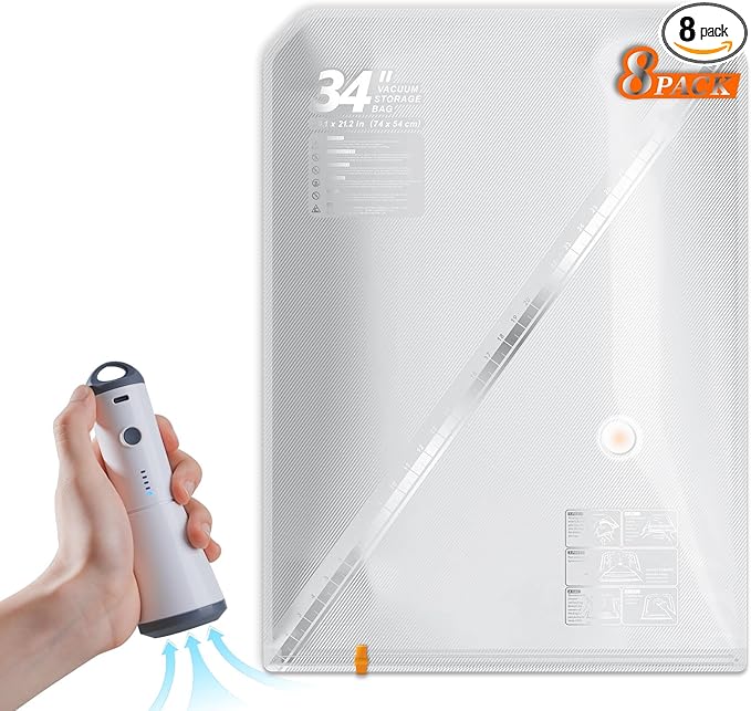 Vacbird Travel Vacuum Seal Bags, 8 Pack 34" Vacuum Storage Bags with Rechargeable Cordless Pump Compression Packing for Clothing Clothes Blanket Bedding, Space Saver for Suitcase Luggage