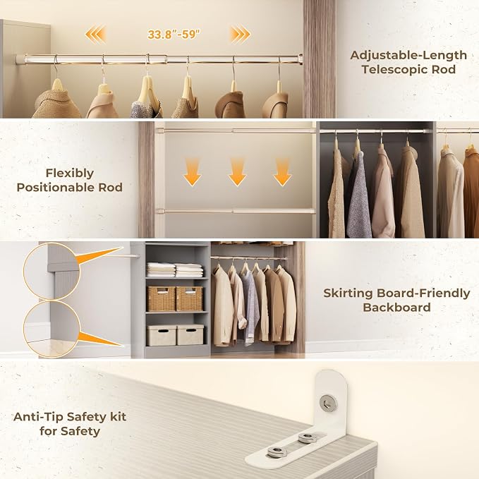 Homieasy Closet System, 4.5-11.5 Ft Expandable Closet Organizer with 5 Hanging Rods, Walk-in Wood Closet Organizer System with Storage Tower, Heavy Duty Garment Rack Wardrobe for Bedroom, Gray
