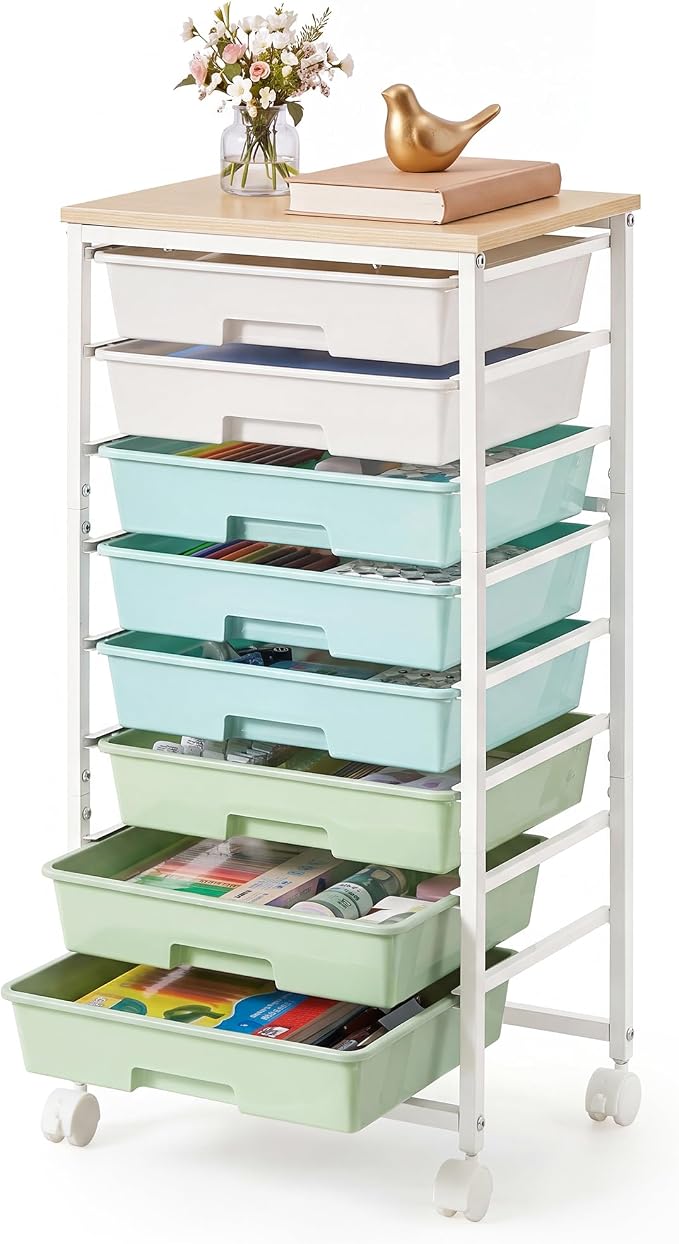 VASAGLE 8-Drawer Rolling Storage Cart, Utility Cart with Wheels and Wood Top, Craft Organizer for Office and Home, 15.6 x 11.2 x 30.1 inch, Green and White, Benco Collection ULRC006C101