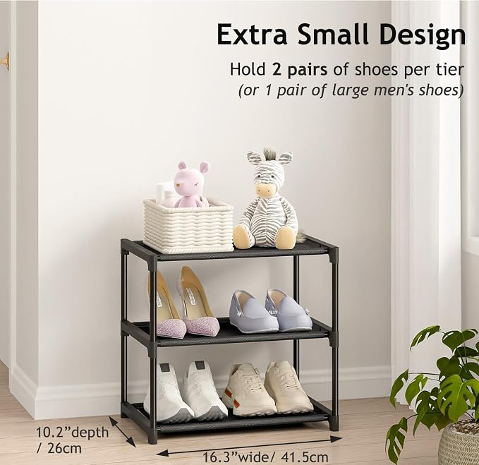 Autonomier 3 Tier Extra Small Shoe Rack (16.3" Wide), Narrow Stackable Shoe Shelf for Kids Toddler Adult, Ultra-Lightweight Shoe Rack Stand for Closet Dorm Bedroom Storage Organizer, Entryway
