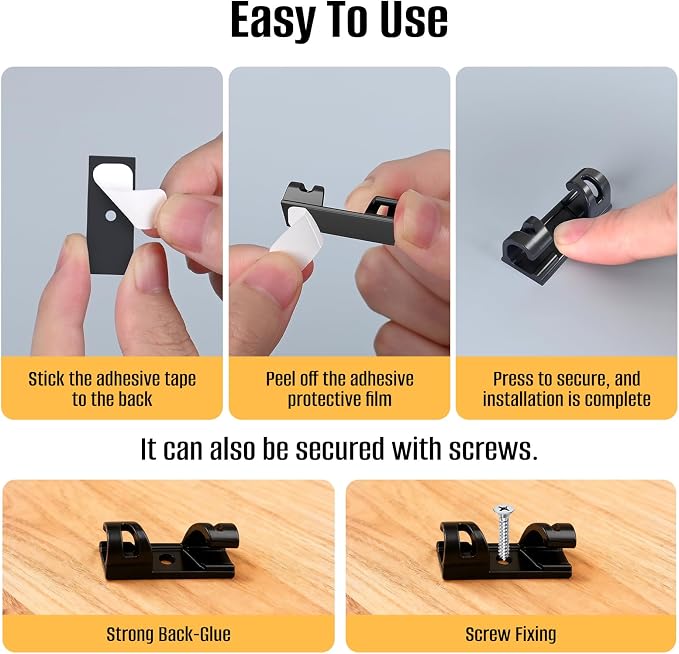 50 Pcs Self Adhesive Cable Clips,Upgraded Cable Management with Screw Hole,Strong Cord Organizer for Under Desk,Car,TV PC,Christmas Light Indoor/Outdoor-Black M