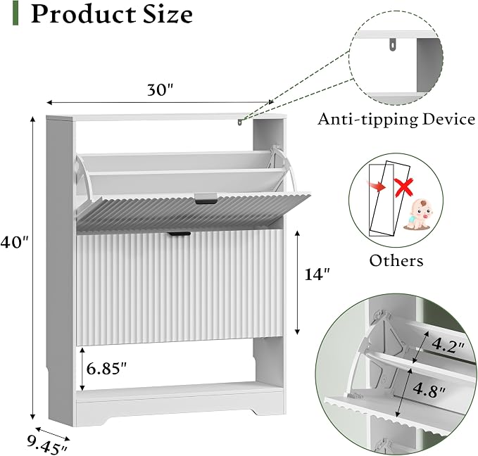 Xixini Shoe Storage Cabinet for Entryway with 2 Flip Drawers, Hidden Slim Wood Shoe Organizer with Modern Fluted Panel, Freestanding Narrow Shoe Rack for Front Door Entrance, Hallway, Foyer, White