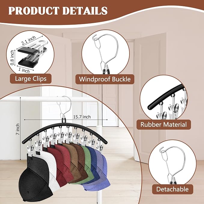 3 Pack Hat Hangers for Closet, Metal Hat Organizer for Baseball Caps | Hats Rack Holder for Closet with 30 Clips, Hats Storage for Baseball Caps Beanie Accessories Men Women, Black