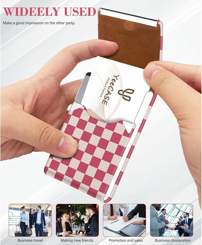 2Pack Leather Stainless Steel Business Card Holder, Metal Slim Business Card Case for Women or Men, Pocket Business Card Carrier with Prints, Magnetic Closure, RFID Blocking