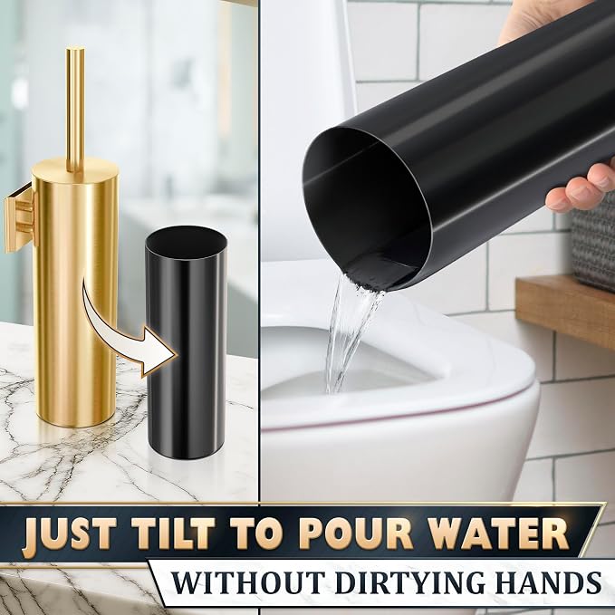 Wall Mounted Toilet Brush and Holder Set, Stainless Steel (Gold) | Wall Mount Toilet Brush Cleaner and Holder Set, Rust & Corrosion Resistant, Splash Guard, Dense Bristles, for Bathroom Decor