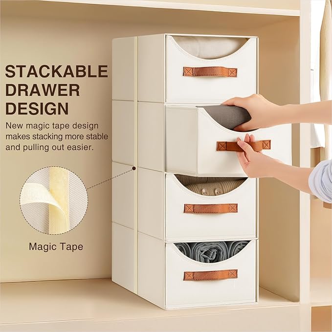 Homsorout Stackable Storage Drawers - Collapsible Storage Bins with Drawers, 4 Pack Closet Shelf Organizer Basket, Fabric Pull Out Organizer for Bedroom, Living Room, Dorm, Beige