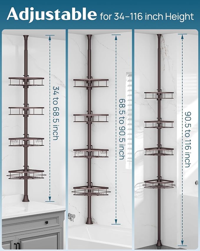 SEIRIONE Rustproof Shower Corner Caddy Organizer for Bathroom, Tension Pole with 4 Baskets, for Bathtub Storage Rack, 34 to 116 Inch Height, Bronze