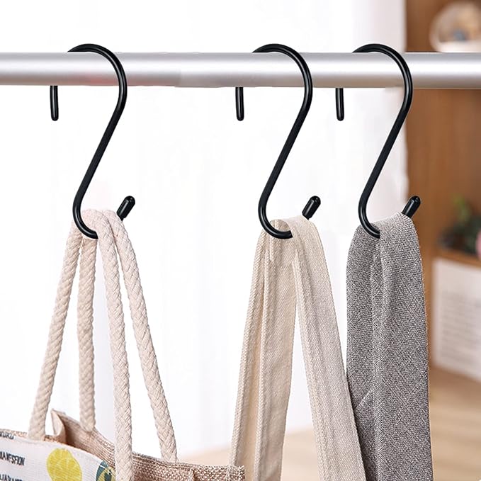 HiGift 24 Pack S Hooks for Hanging, 4-1/2 inch Large Black Vinyl Coated Metal S Shaped Hooks Heavy Duty, Non Slip Rust-Free Closet Hooks for Hanging Clothes Plant Jeans Bag Pan Pots Cups Towels