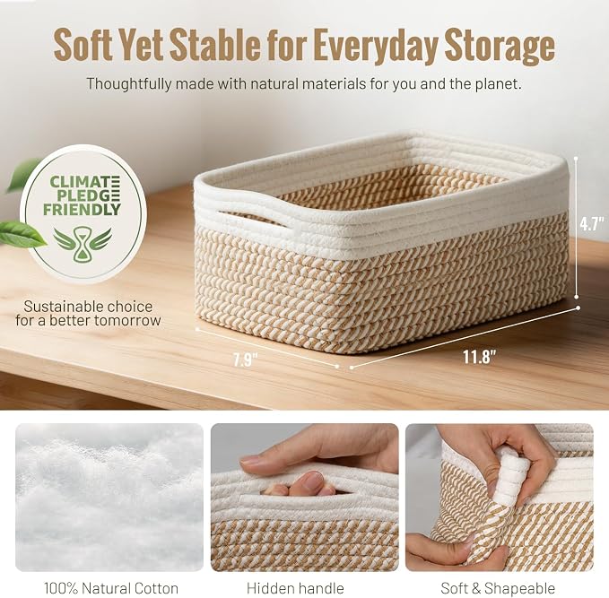 5 Pack Small Woven Storage Baskets for Shelves, Cotton Rope Baskets Organizer for Bathroom, Closet & Nursery, Decorative Storage Bins for Organizing Socks, Toys, 11.8"x7.9"x4.7", Khaki/White