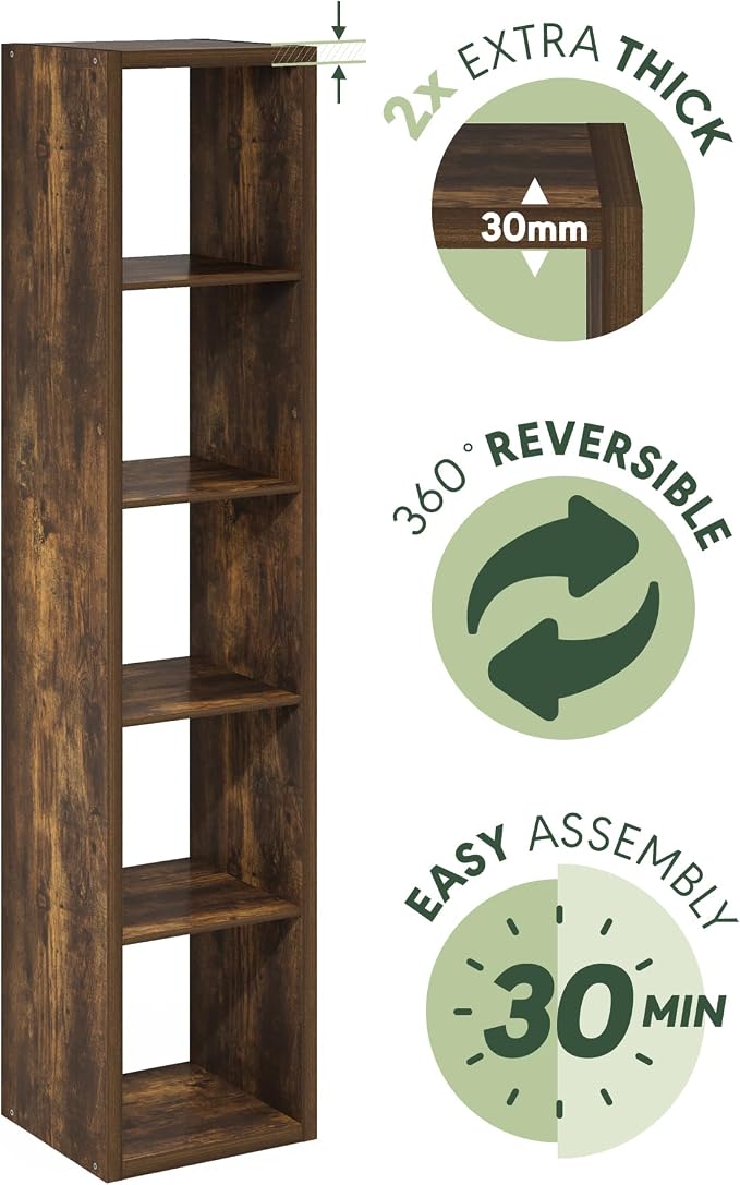 Furinno Cubicle Book Shelf, Vertical 5-Cube Bookshelf, Extra Thick Horizontally & Vertically Reversible Bookcase with Open Back, 14.6" x 16" x 72", for Living Room, Bedroom, Home Office, Amber Pine