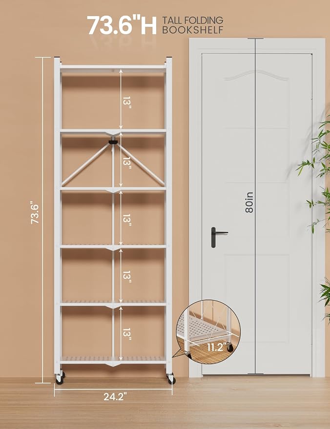 ALANNG 73.6 Inch Folding Bookshelf, 6 Tier Metal Bookcase and Bookshelves | Tall Shelves for Living Room Office Bedroom, Heavy Duty Book Shelve Free Standing Open (White, 4PACK)
