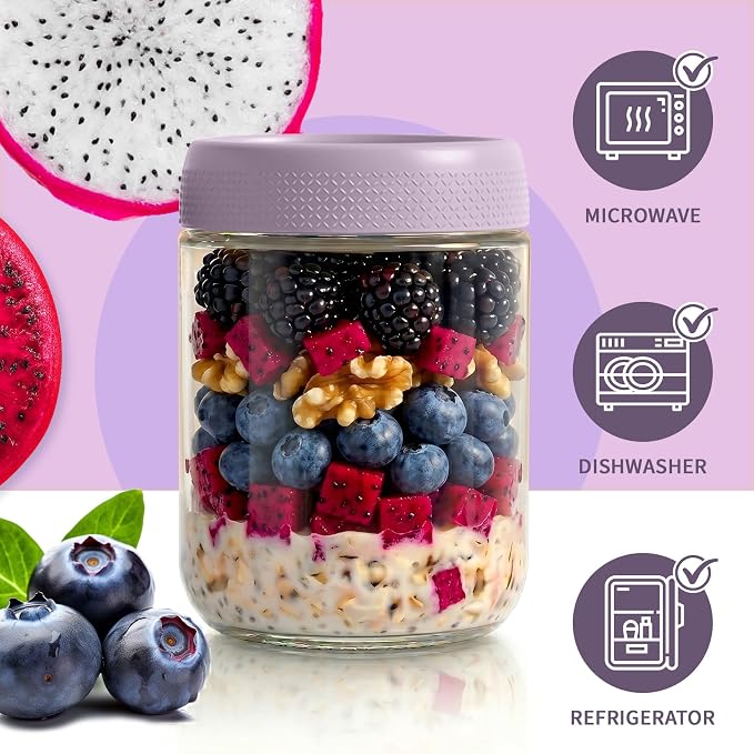 Mason jars 16 oz with lids, Chia Pudding Jars, Jar for Overnight Oats | Glass Jar with Lid, Parfait Cups with Airtight Lids, Glass Jars for Storage, Food, Chia, Pudding, fruit, on-the-go, 6 Pack