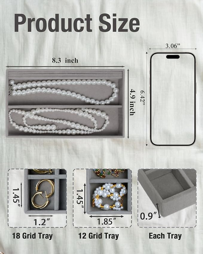 Velvet Jewelry Organizer Trays Set of 4,8.3"x4.9"x0.9",Stackable Storage Drawer Organizers Trays for Earring Ring Necklace Jewelry Display Case(4 Set,Gray)