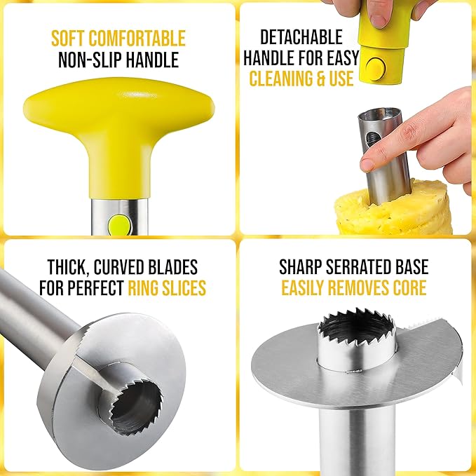 Zulay Kitchen Stainless Steel Pineapple Corer & Slicer – Heavy Duty Pineapple Cutter & Eye Removal Tool – Effortless Core Remover Tool with Sharp Reinforced Blade & Ergonomic Handle - Yellow