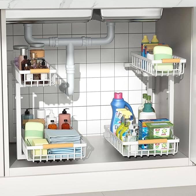 Merrylun Under Sink Organizers,5 Adjustable Height，Metal Pull Out Under Sink Organizers and Storage Shelves with Sliding Drawer (White, 2 pack)