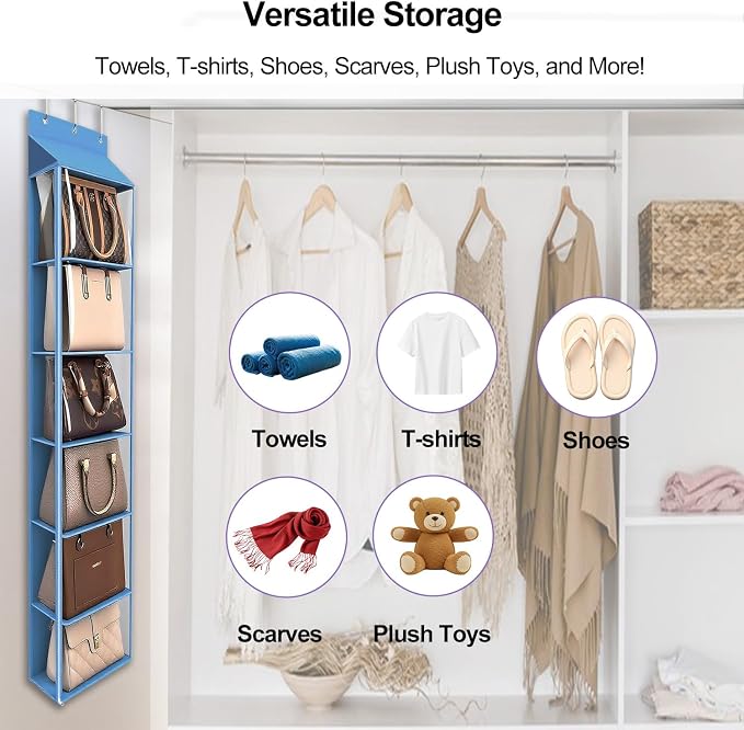 Lirex Over The Door Purse Organizer & Purse Shelf for Closet – Handbag Storage Organizer with Purse Hanger. Perfect for Scarves, Hats, and Leggings. S (11.8'' x 5'' x 51.6''), Blue