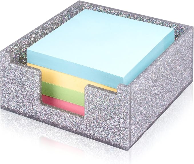 Acrylic Sticky Note Holder 4x4in Tray for Desk, Silver Glitter | Sparkling glitter acrylic tray, fits 3x3 sticky notes, compact organizer for office school and home