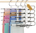 DAMITA Pants Hangers Space Saving - 4 Pack 5 in 1 Layers Stainless Steel Metal Jeans Hangers - White Closet Organizers and Storage Anti-Slip Design for Pants Skirts Scarf Legging