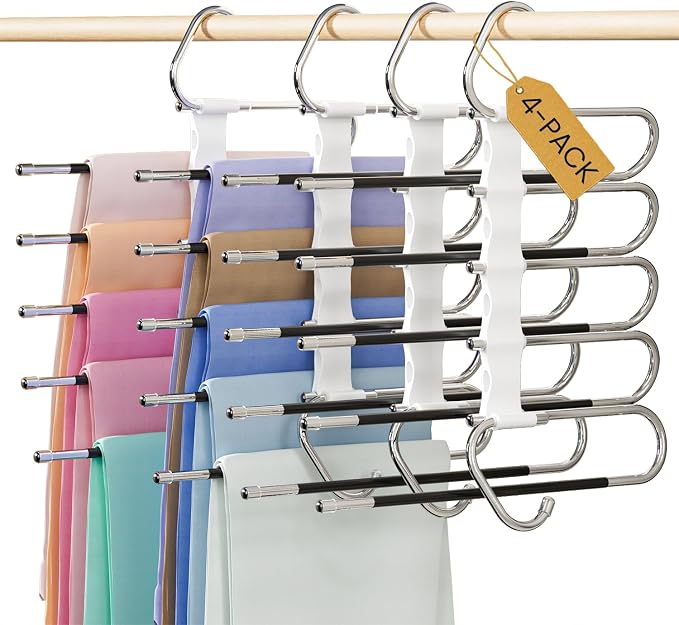 DAMITA Pants Hangers Space Saving - 4 Pack 5 in 1 Layers Stainless Steel Metal Jeans Hangers - White Closet Organizers and Storage Anti-Slip Design for Pants Skirts Scarf Legging