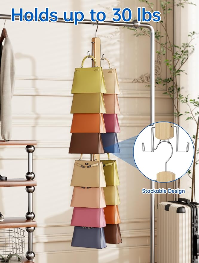 NiHome Wooden Purse Organizer for Closet, 8 Extra-Wide Metal Hooks Handbag Hanger, Space-Saving Hanging Bag Holder & Purse Rack for Closet Organization (Natural, 2 Pack)